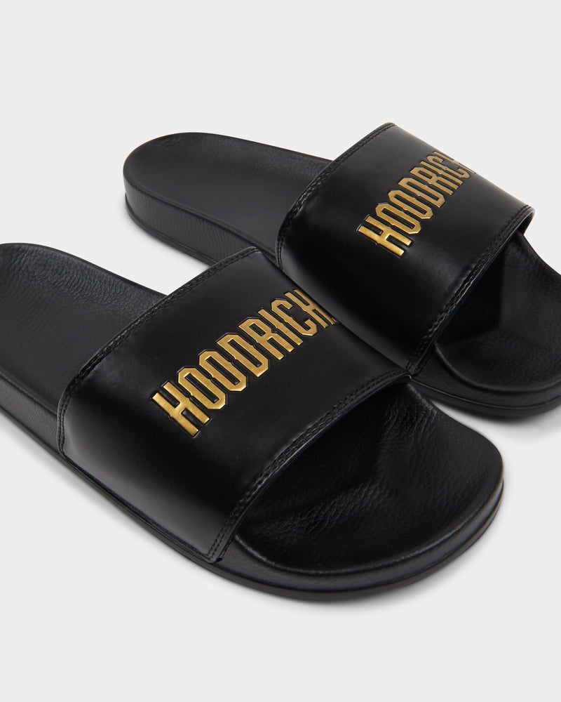 Black / Gold Men's Hoodrich OG Chromatic Sliders | USA ZAQYHS795