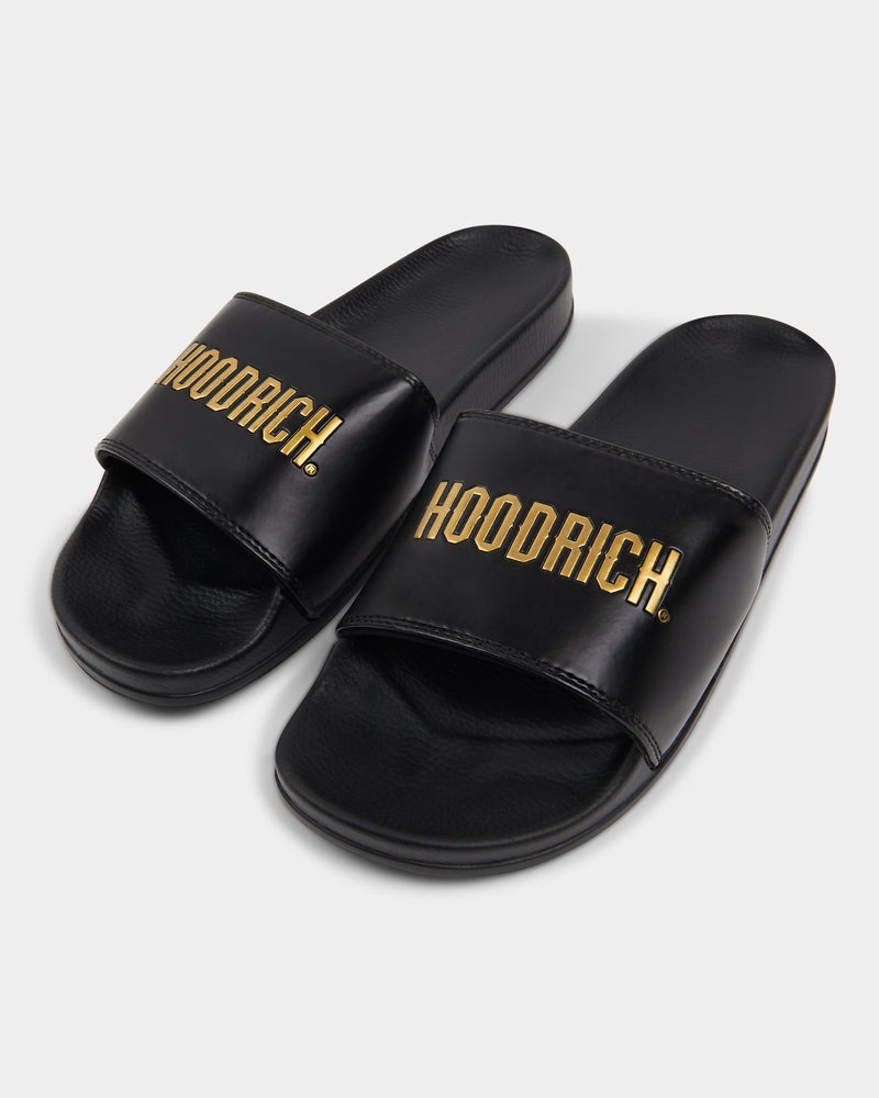 Black / Gold Men's Hoodrich OG Chromatic Sliders | USA ZAQYHS795