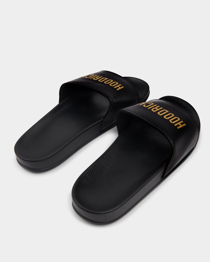 Black / Gold Men's Hoodrich OG Chromatic Sliders | USA ZAQYHS795