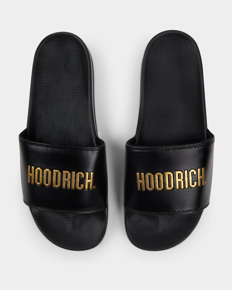 Black / Gold Men's Hoodrich OG Chromatic Sliders | USA ZAQYHS795