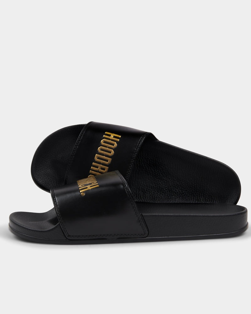 Black / Gold Men\'s Hoodrich OG Chromatic Sliders | USA ZAQYHS795