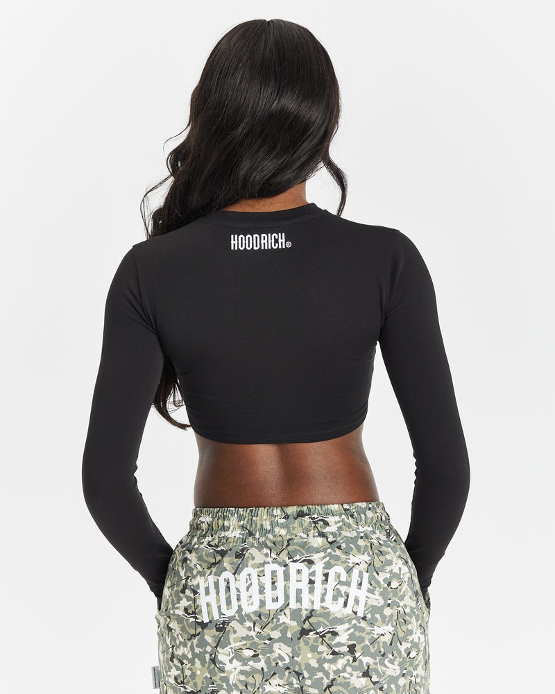 Black / White Women's Hoodrich Extent Cropped L/S Tops | USA GQJBOW520